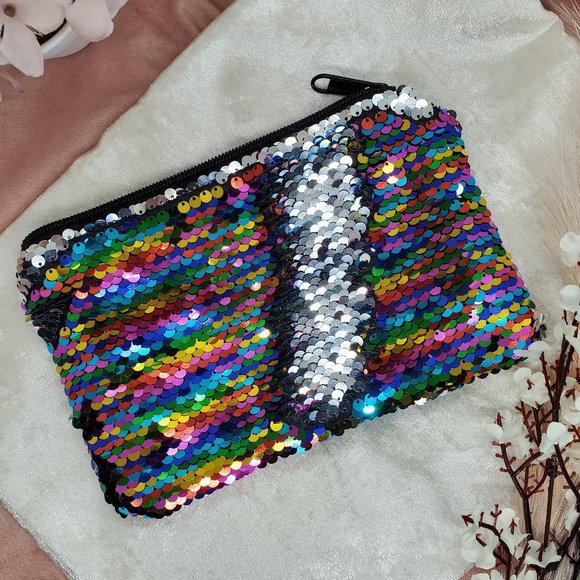 Rainbow-to-Silver Sequin Makeup Bag - Picture 1 of 7
